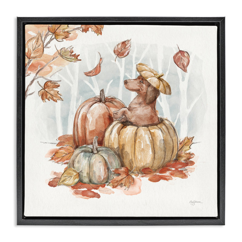 «Fun Dachshund & Pumpkin» par Mary Urban, Cadre flottant noir de jais, H 25 po x l 25 po
