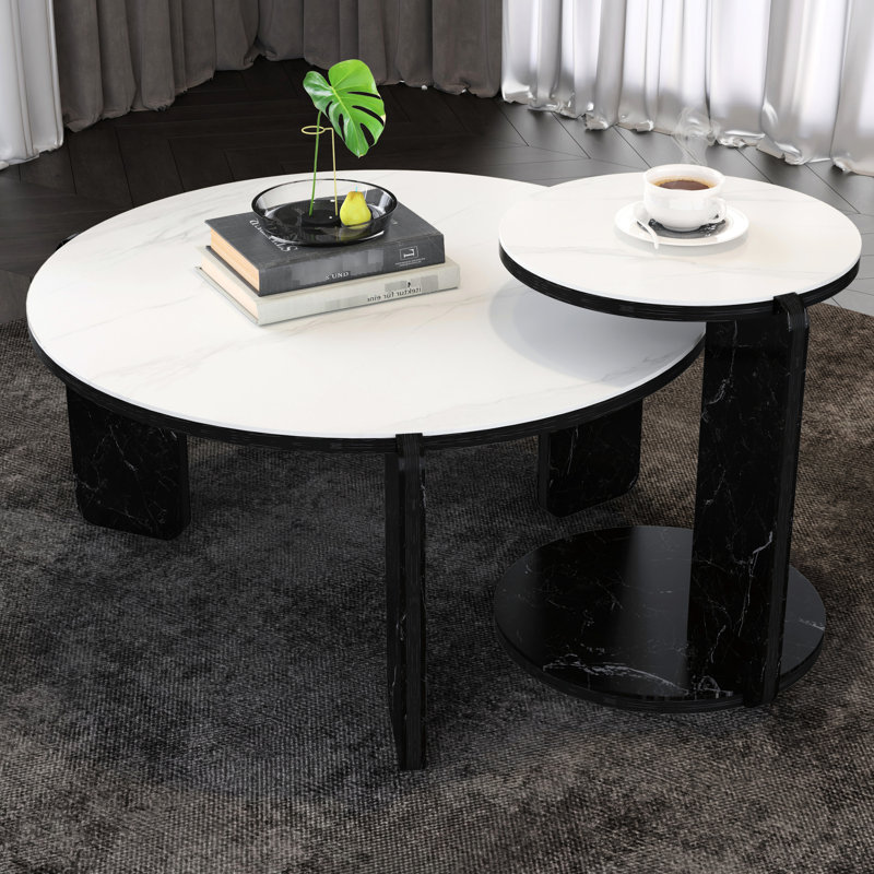 Ensemble de 2 tables basses gigognes rondes pour petit endroit, table de bout de salon avec plateau en pierre frittée blanche, table de chevet de 32,68 po + 16,93 po de diamètre pour la salle à manger de la salle à manger, canapé de 83 cm et plus de 43 cm