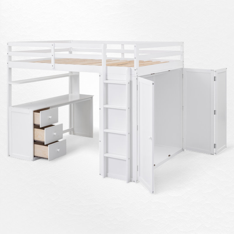 Lit mezzanine avec bureau intégré et garde-robe, Double, Blanc