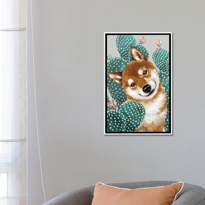 Shiba shiba avec cactus, H 26 po x l 18 po x P 1,5 po, Toile blanche encadrée