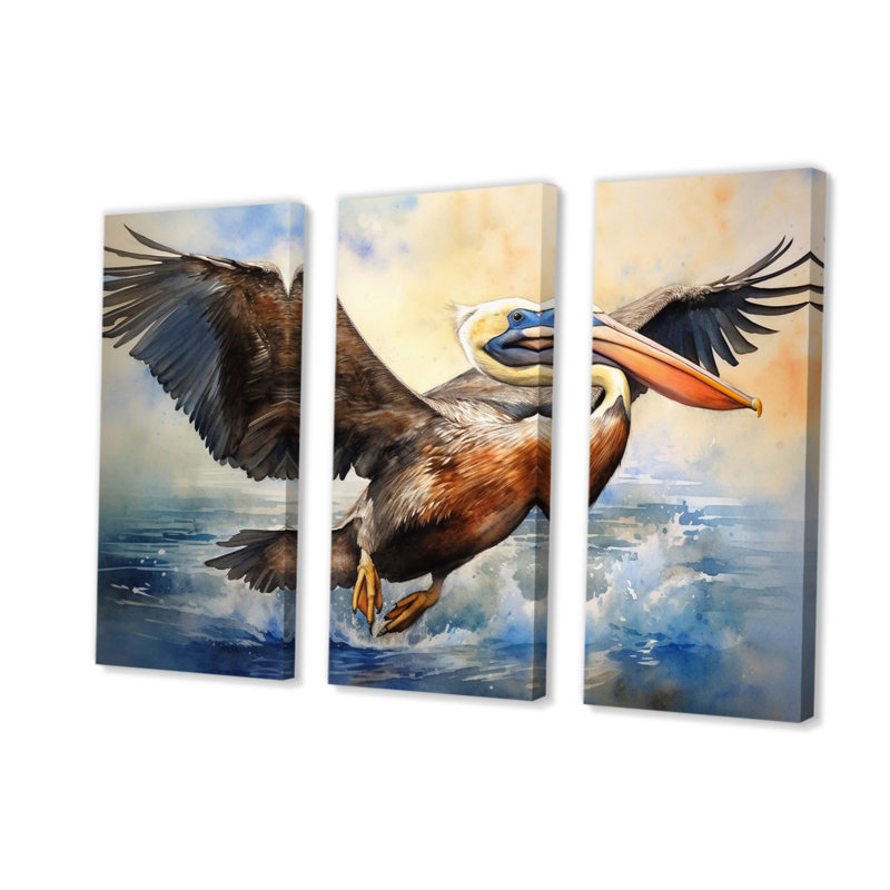 «Majestic Pelican Seabird II», reproduction sur toile 3 pièces, H 40 po x l 60 po x P 1 po