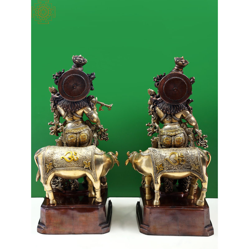 Statue en laiton avec vache 28 po Radha Krishna 28 pi