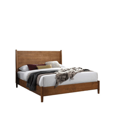 Mid - Century Modern Walnut Solid Wood Bed For Queen Size With Panel Headboard And Round Tapered Legs, Mattress Ready, 1Pc Only Bed, Modern, Ready