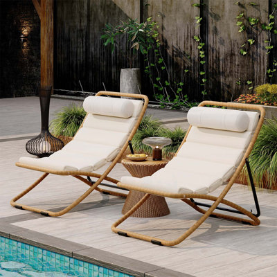 2-Pieces Outdoor Chaise Lounge Chair with Adjustable Backrest,Thick Cushion,and Detachable Headrest for Poolside and Camping