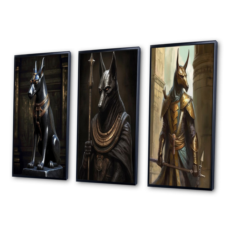 «Vintage Anubis Ancien Egyption Jackal God II», 3 pièces sur toile, Cadre flottant noir, H 32 po x l 48 po