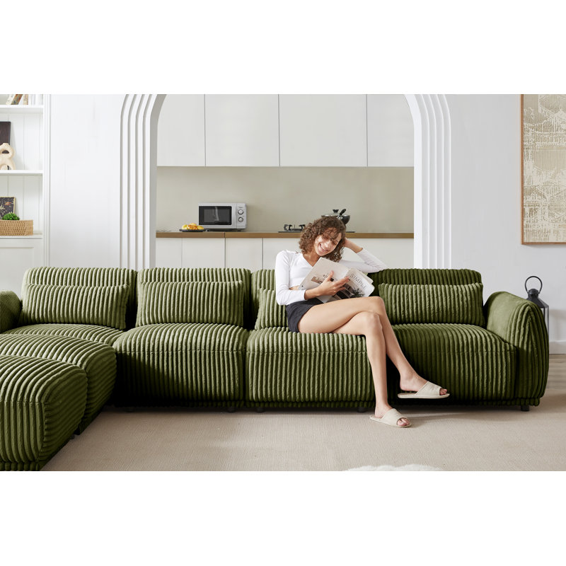 Upholstered U-Shaped Sectional Reversible, Green Corduroy