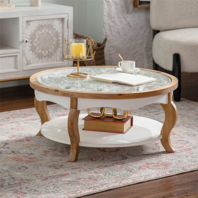 Round Coffee Table, Circle Center Table with Curved Legs and Removeable Tempered Glass Top, Cocktail Table for Living Room
