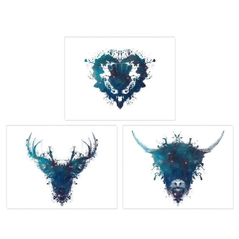 Ink Splat Thistle Heart Hairy Coo Cow Stag Celestial Space Scottish - 3 Piece No Frame Print Set