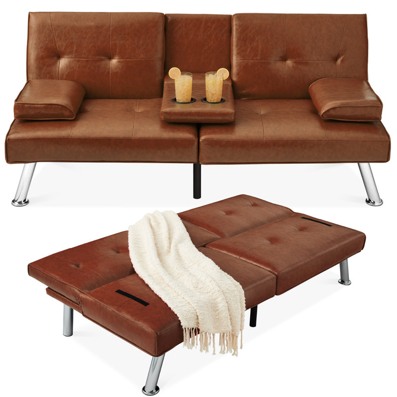 Owlex Modern Convertible Futon Sofa w/ Removable Armrests, 2 Cupholders, Medium Brown Faux Leather