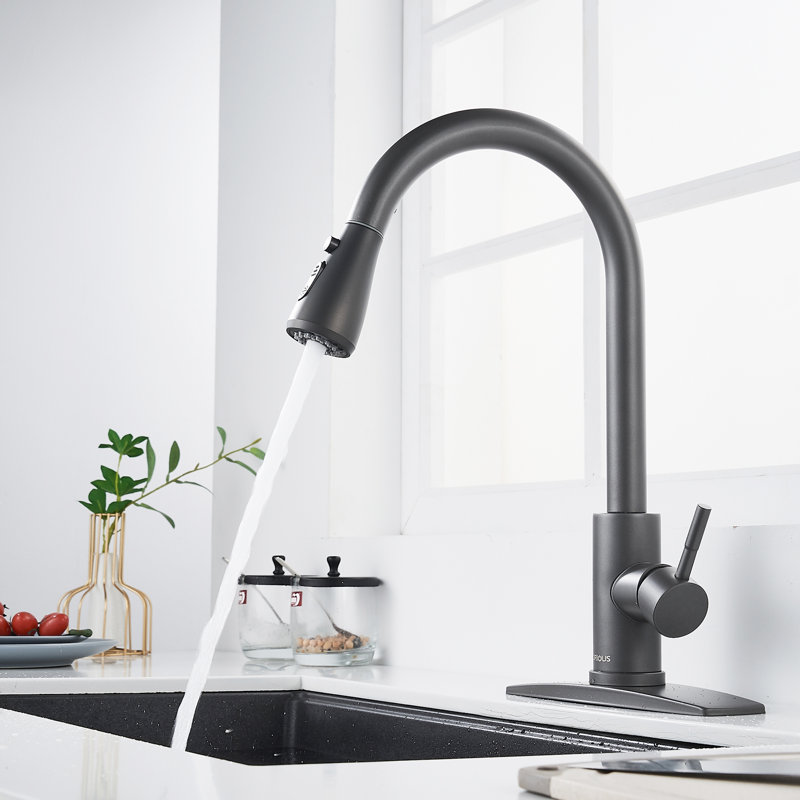 Pull Down Single Handle Kitchen Faucet with Accessories, Gray