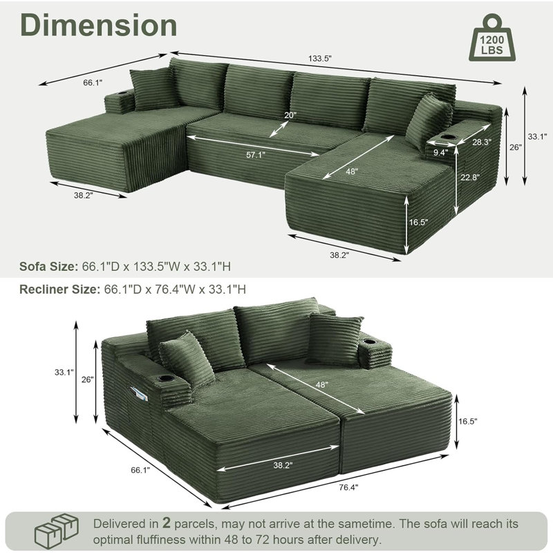 Canapé modulaire surdimensionné de 134 po avec canapé modulaire désossé avec méridienne de 134 po pour salon, chambre à coucher et appartement (vert, l 134 po en U)