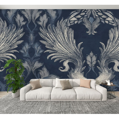 Papier peint adhésif décoratif à motif floral damassé baroque bleu marine et argenté H 100 po x l 144 po, papier peint amovible en PVC auto-adhésif pour chambre à coucher, bureau à domicile