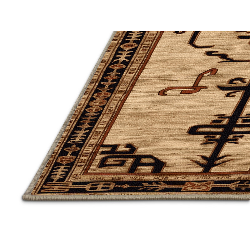 Tapis beige Art Deco lavable à la machine, Rond 6 pi