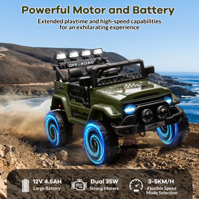 GarveeHome 12V Ride On Truck Car, 2WD Electric Car with Remote Control, Toddler Battery Powered Ride On Toy with Spring Suspension, LED Lights, Music, Battery Display for Kids 3-8, Green