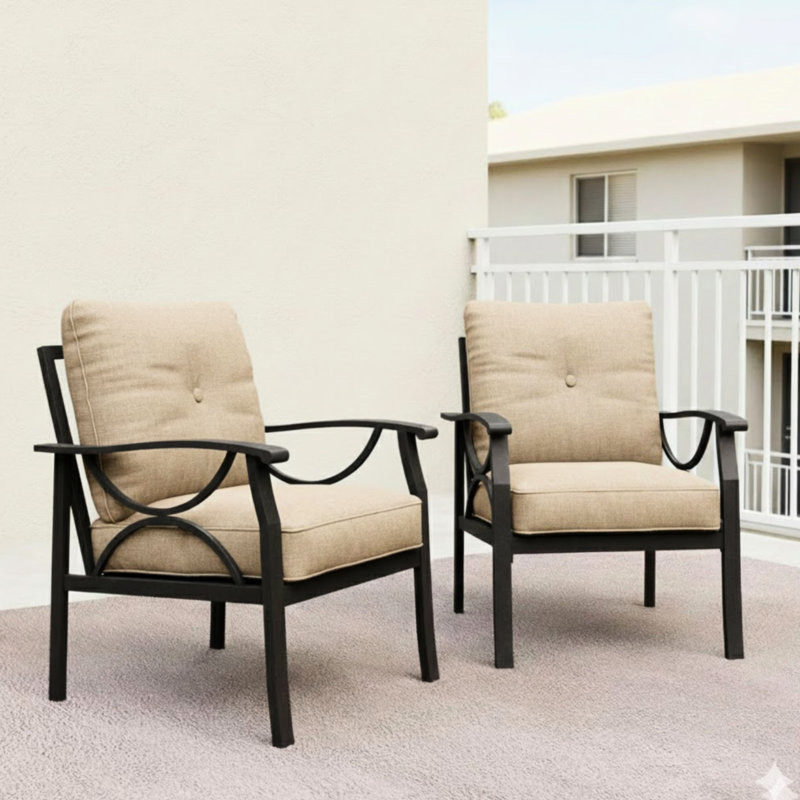 Ensemble de 2 fauteuils en métal au design moderne, avec structure kaki et coussins beiges. Faciles d'entretien, ils offrent un soutien ergonomique individuel idéal pour une utilisation à l'extérieur et une détente optimale dans les petits espaces.