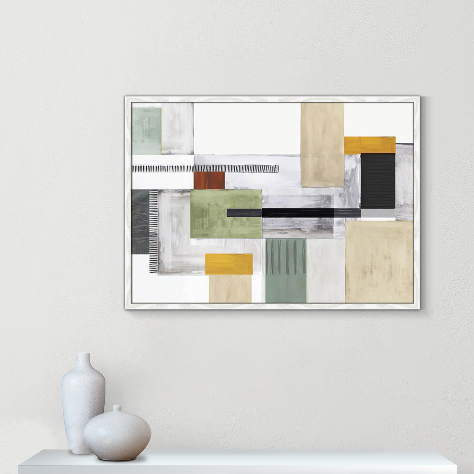 Playful Blocks by Tom Reeves, No Mat, 25.5" H x 35.5" W x 0.75" D, White Slim Picture Framed