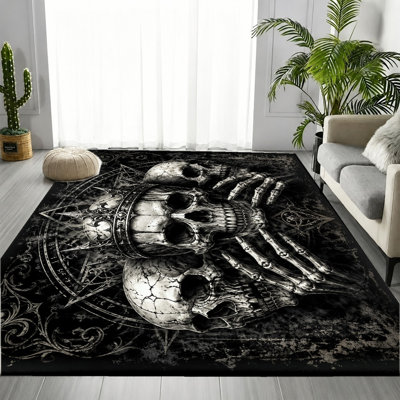 Gothic Skull Crown Area Rug, Dark Fantasy Noble Style, Realistic Skull Floral Pattern, Unique Artistic, Machine Washable, Non‑Slip Backing, Chic Indoor Rug for Living Room, Bedroom, Apartment