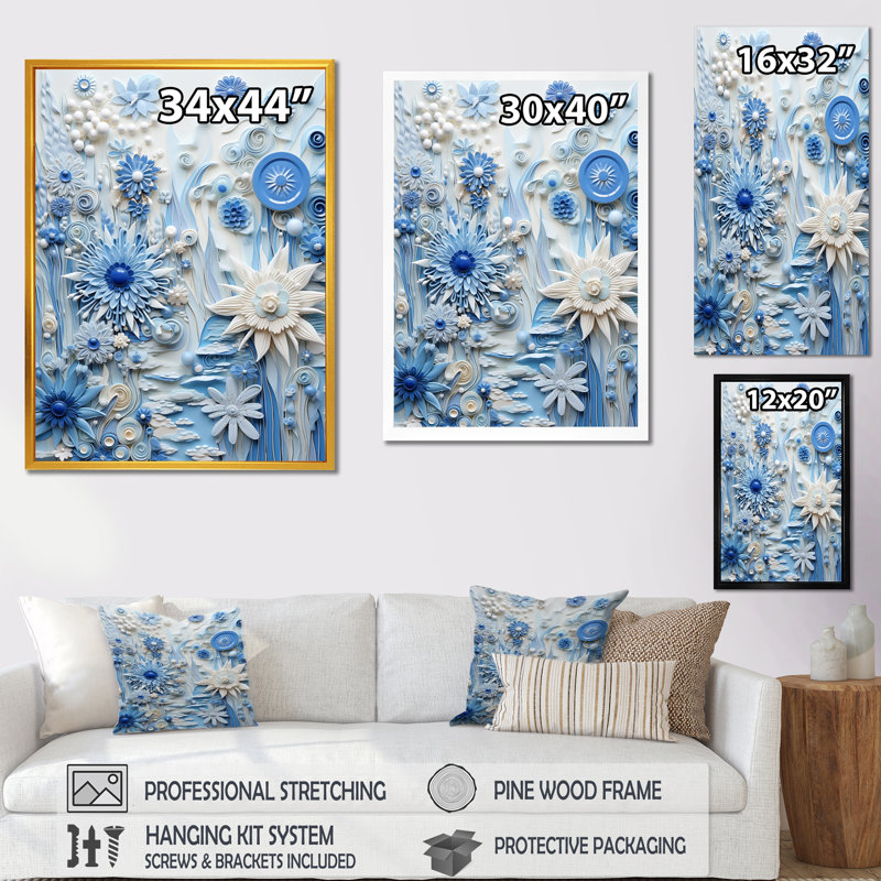 «Blue and White Botanical Tiles IV» - art mural botanique, Cadre simple noir, H 40 po x l 30 po x P 1,5 po