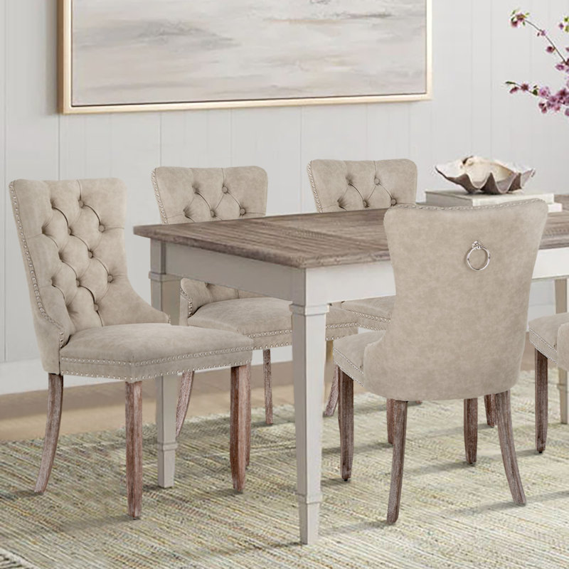 Albrah Tufted Faux Leather Wing Back Dining Chair, Beige Gray/Walnut