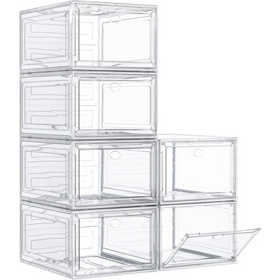 6-Pack Thickened Clear Shoe Storage Boxes – Magnetic Door Stackable Organizer For Closet – Collapsible Space-Saving Plastic Shoe Rack For Sneakers & Boots, White