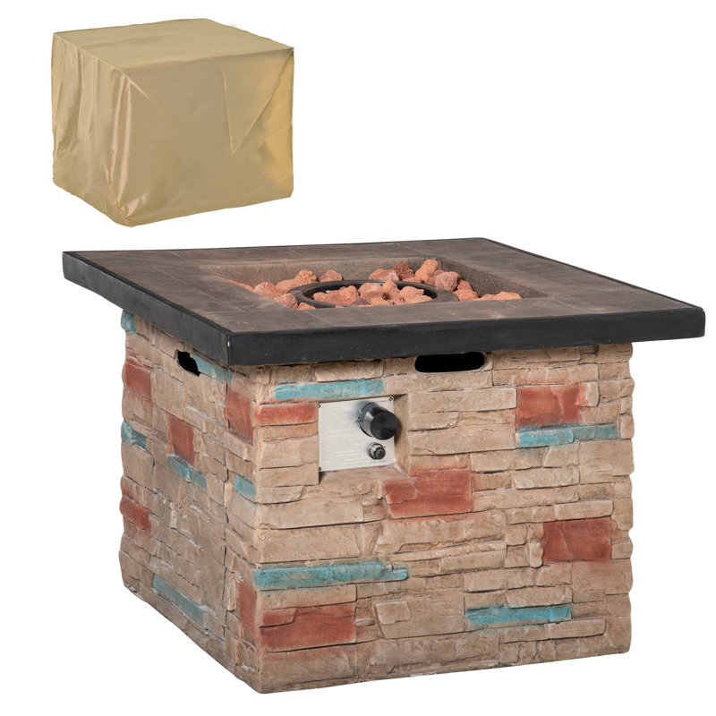 32 Inch Outdoor Propane Gas Fire Pit Table, 50,000 BTU Auto-Ignition Square Faux Ledge Stone Gas Firepit With Lava Rocks And Rain Cover, CSA Certification, Brown