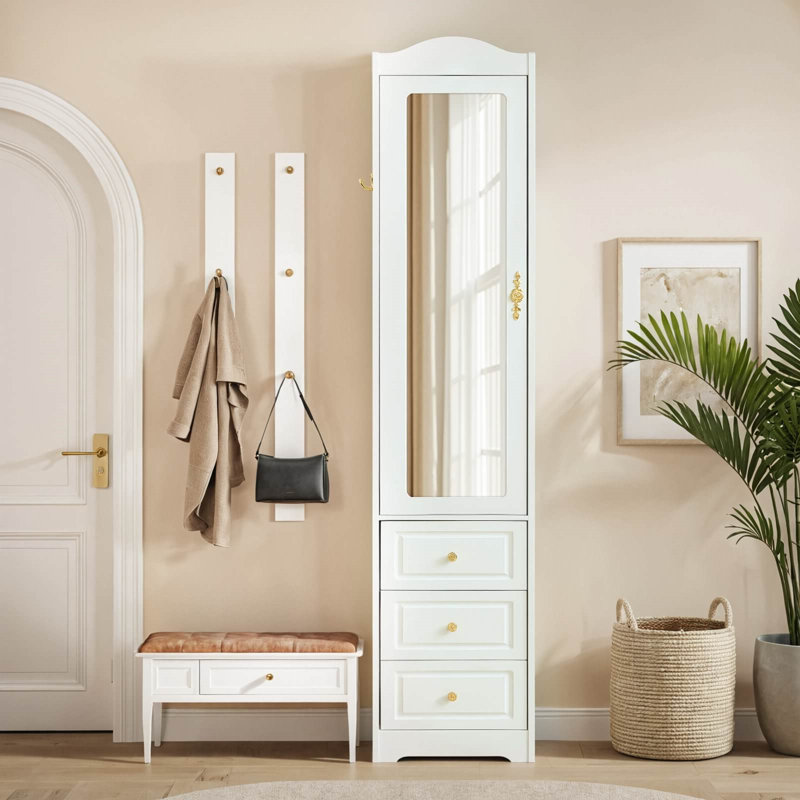 Garde-robe et armoire de rangement avec miroir, 3 tiroirs, tringle suspendue et lumière DEL à détecteur de mouvement pour l'organisation de la chambre à coucher