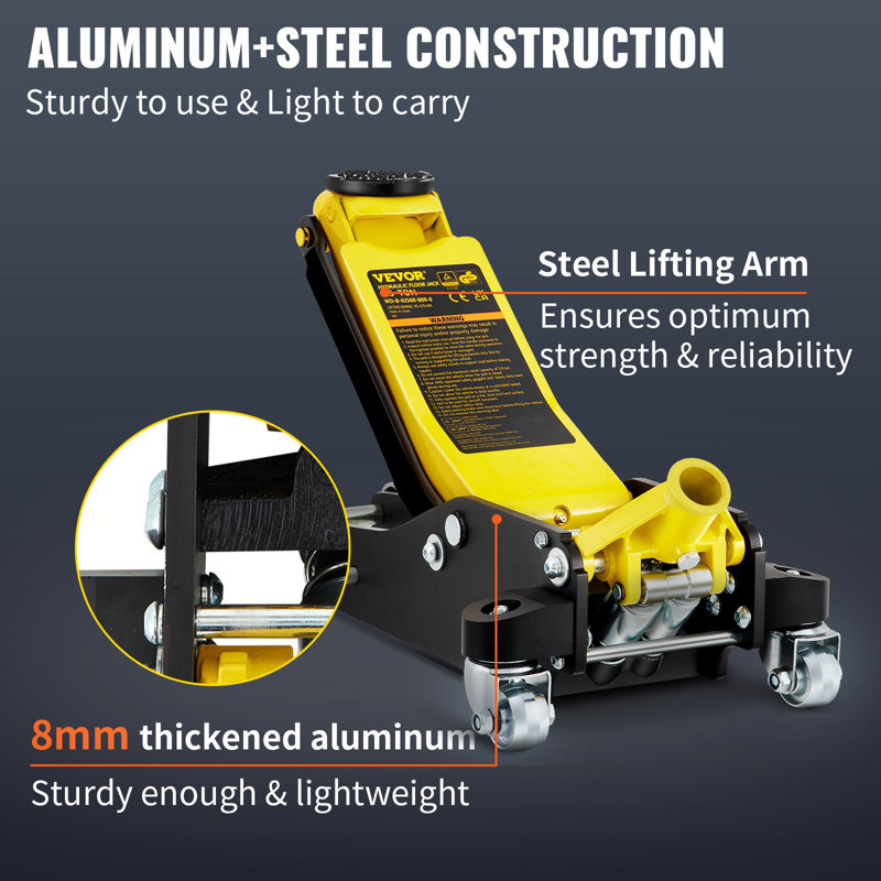 Cric de plancher, cric de plancher à profil bas de 2,5 tonnes, cric de course en aluminium et en acier avec pompe à levage rapide à deux pistons, plage de levage du cric de plancher 3-3 / 4 "-18-7 / 10"