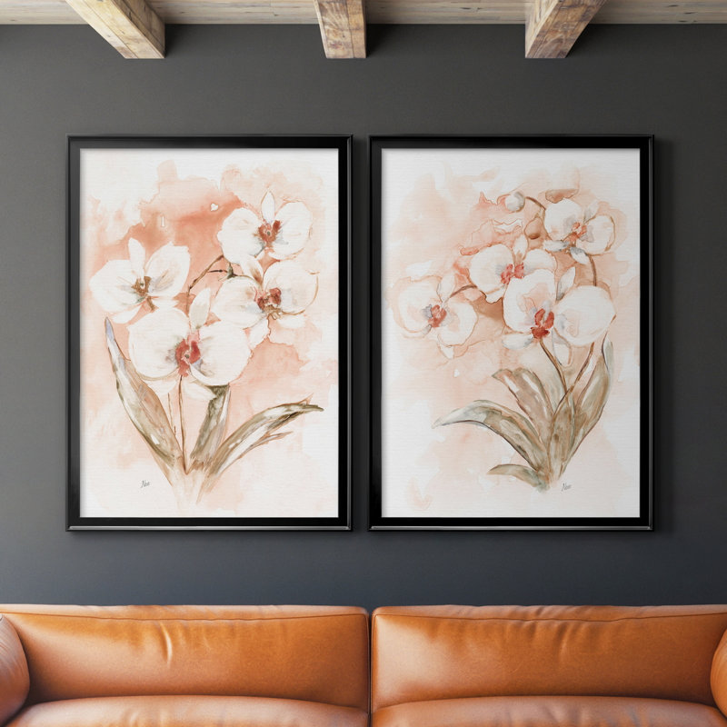 «White and Coral Orchid I», ensemble de 2 peintures sur toiles, H 26,5 po x l 73 po x P 1,5 po, Toile avec cadre noir