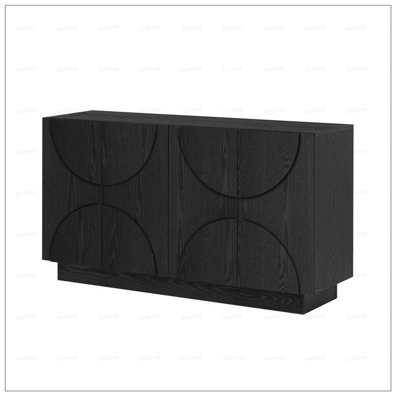 Grand buffet de rangement à 4 portes, armoire en bois avec poignées semi-circulaires et tablettes réglables pour un usage domestique varié