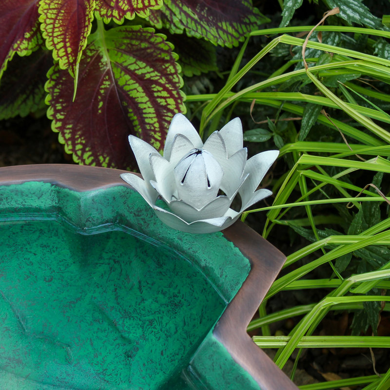 15" Green and Copper Metal Lily Pad Birdbath with Iron Stand