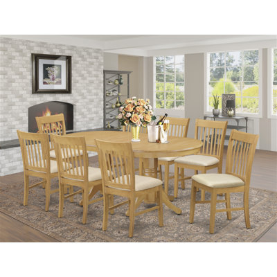 9 Piece Dining Set Includes an Oval Dining Table with Butterfly Leaf and 8 Linen Fabric Kitchen Room Chairs, Oak