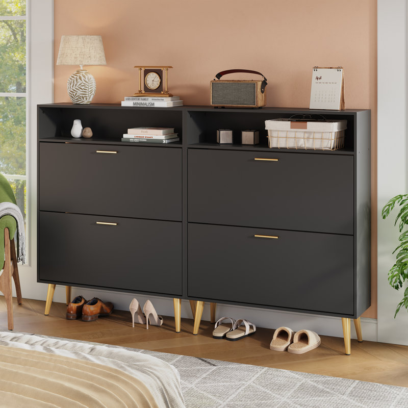 24-Pair Shoe Storage Cabinet with Bookshelf - Removable Dividers & Wooden Gold Legs, Black