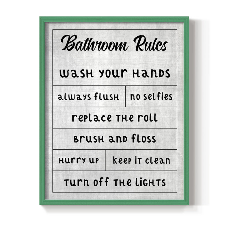 «Simple Bathroom Rules», reproduction encadrée - bois massif, Vert, H 21 po x l 17 po
