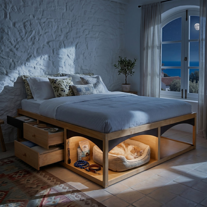 Cadre de lit avec tiroirs de rangement, lit plateforme sans tête de lit avec lumière, conception adaptée aux animaux de compagnie, aucun sommier tapissier requis, style minimaliste moderne