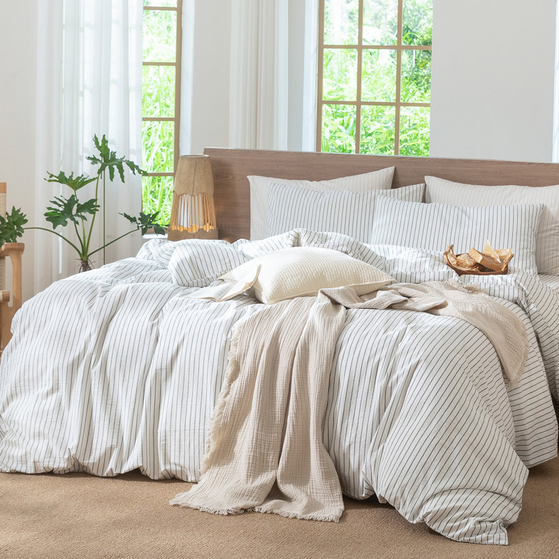 MooMee Striped Duvet Cover Set 100% Washed Cotton Linen Like Textured, Wide Stripes - White/Heathered Green
