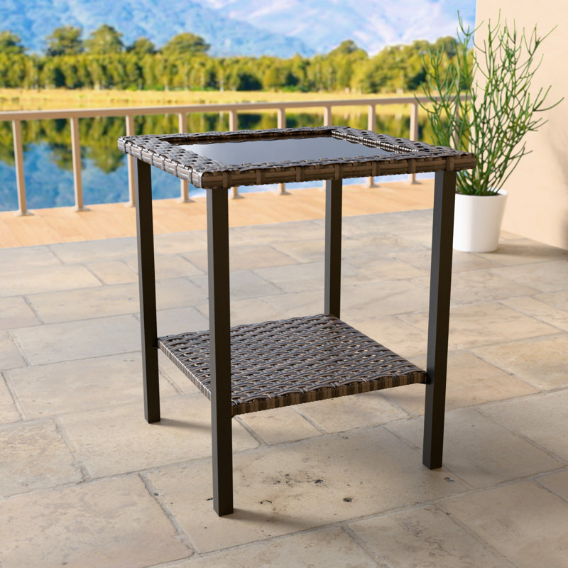 Outdoor Patio Brown PE Wicker Square Side Table with Built-in Glass & Shelf Storage