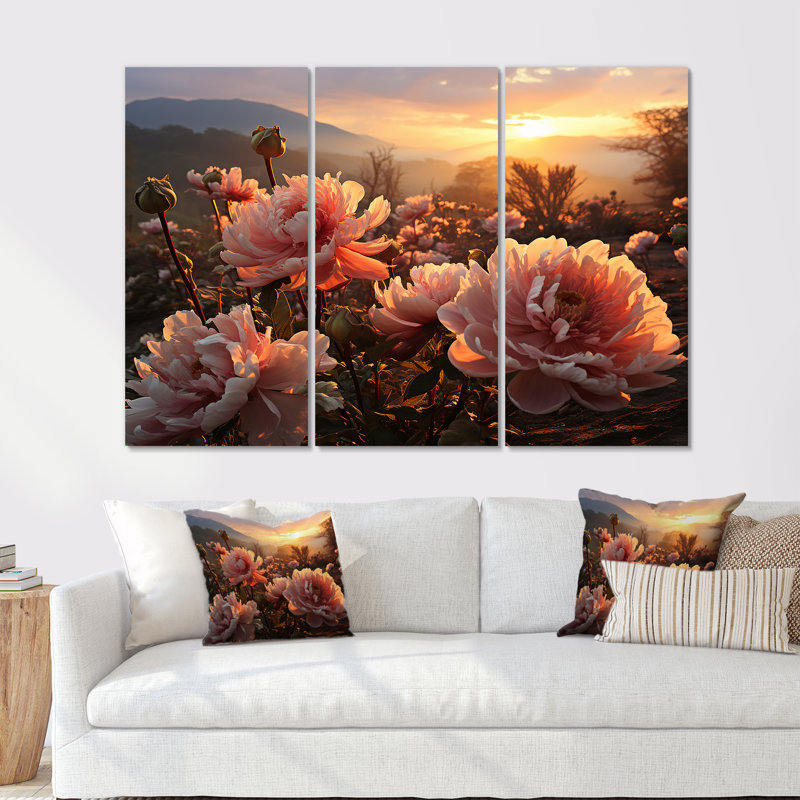 Radiant Peones Field At Sunrise - Pivoine, ensemble d'art sur toile, H 40 po x l 60 po x P 1 po
