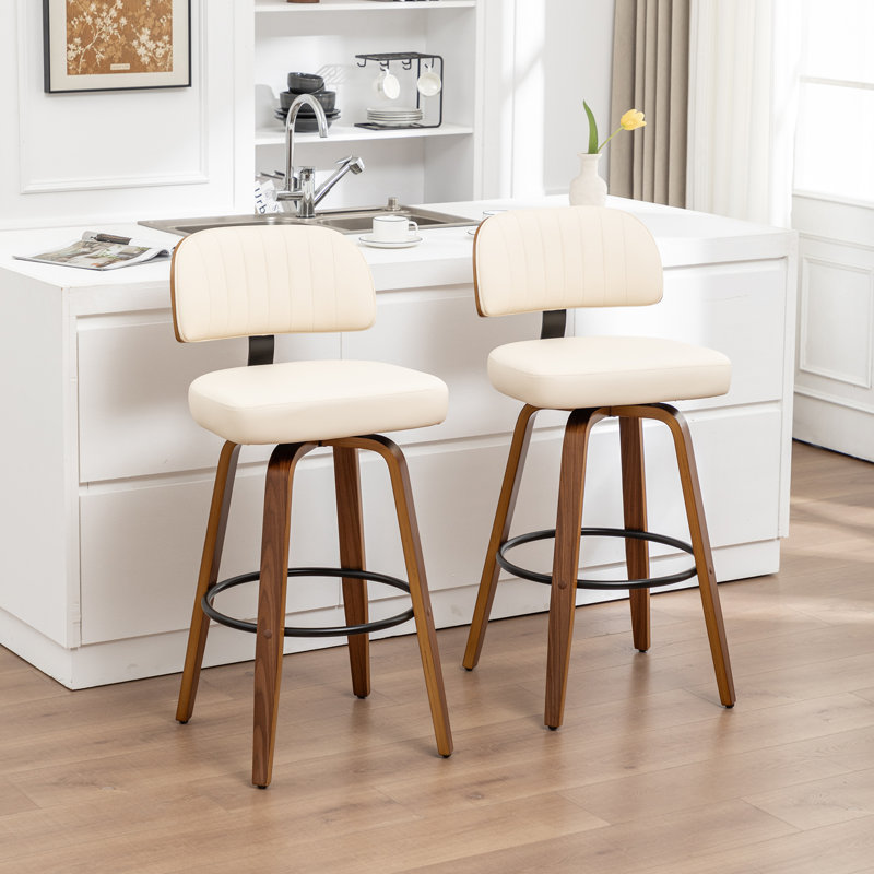 Tabourets de comptoir pivotants rembourrés en cuir de polyuréthane de style Mid-Century avec dossier courbé en bois, Beige