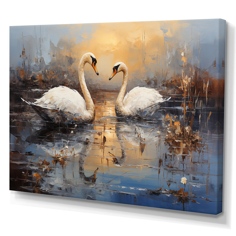 White Swans Harmony Moonlight Pond V - Art mural animaux cygnes, Toile tendue, H 16 po x l 32 po x P 1 po