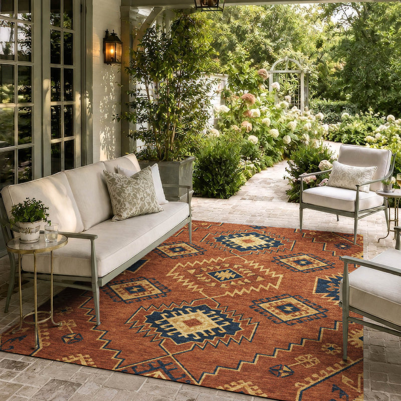 Tapis tribal Chantille ACN3011 lavable à la machine pour intérieur/extérieur, Rouille, 10 pi x 14 pi