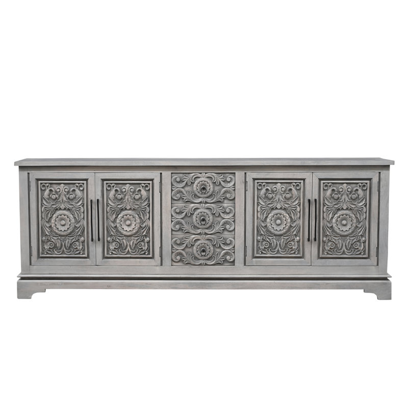 3-drawer 4-door Carved Solid Wood Sideboard, Gray