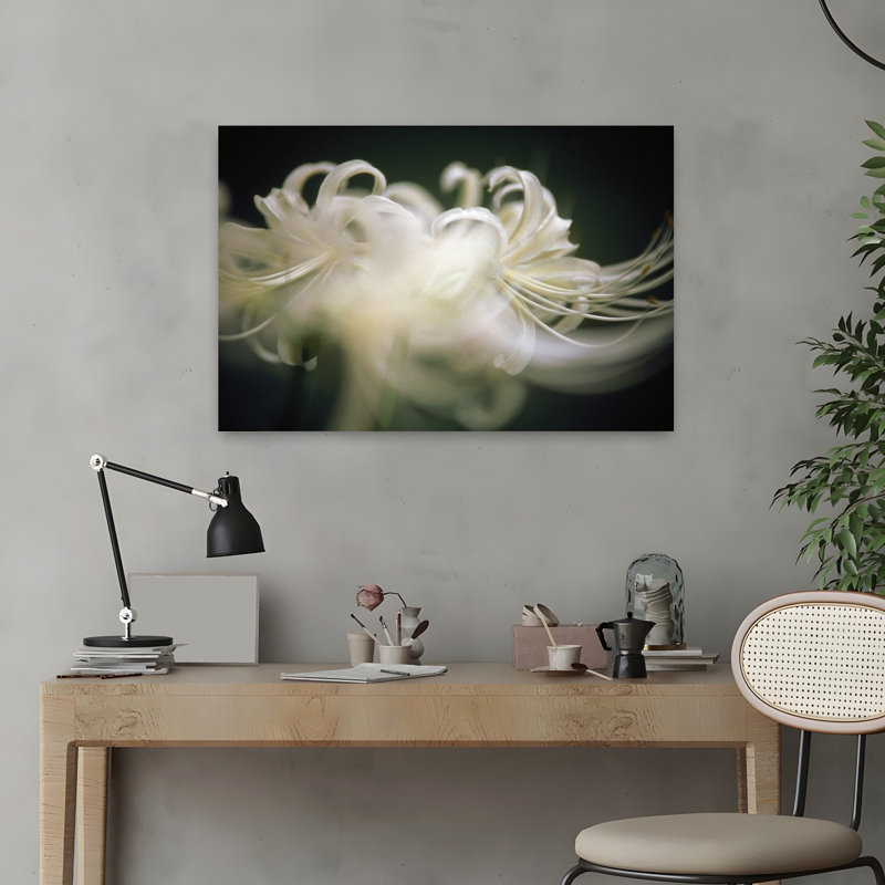 Art mural contemporain avec fleur blanche délicate et étamine, H 16 po x l 24 po