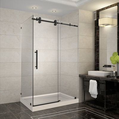 Cabine de douche rectangulaire sans cadre à porte coulissante avec base incluse l 48 po x H 77,5 po Langham