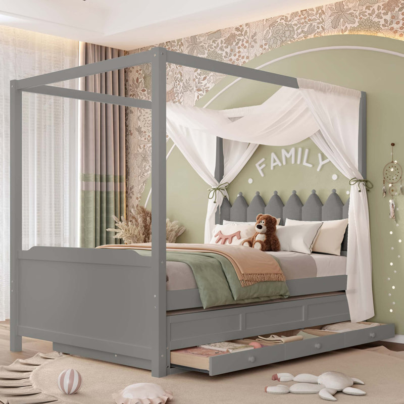 Lit plateforme double avec tête de lit tapissier, lit gigogne simple et 3 tiroirs, cadre de lit à baldaquin princesse pour enfants, rangement et assemblage facile