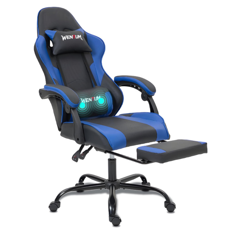 Bosmiller Ergonomic Reclining Gaming Chair with Linkage Armrests & Footrest, High-Back Racing Office Chair, Breathable PU Leather Computer Desk Chair with Lumbar Support, Blue