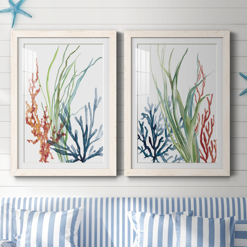 Océan jardin I - ensemble de 2 reproductions d'art, H 31,5 po x l 23,5 po, Impression encadrée avec passe-partout, Blanc