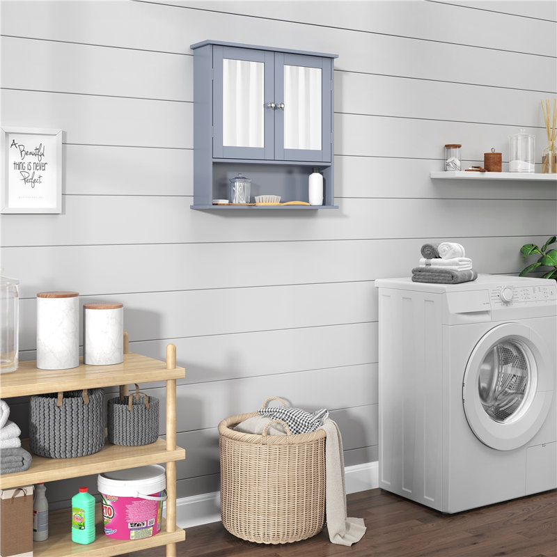 Wall Bathroom Storage with Double Mirror Doors, Grey