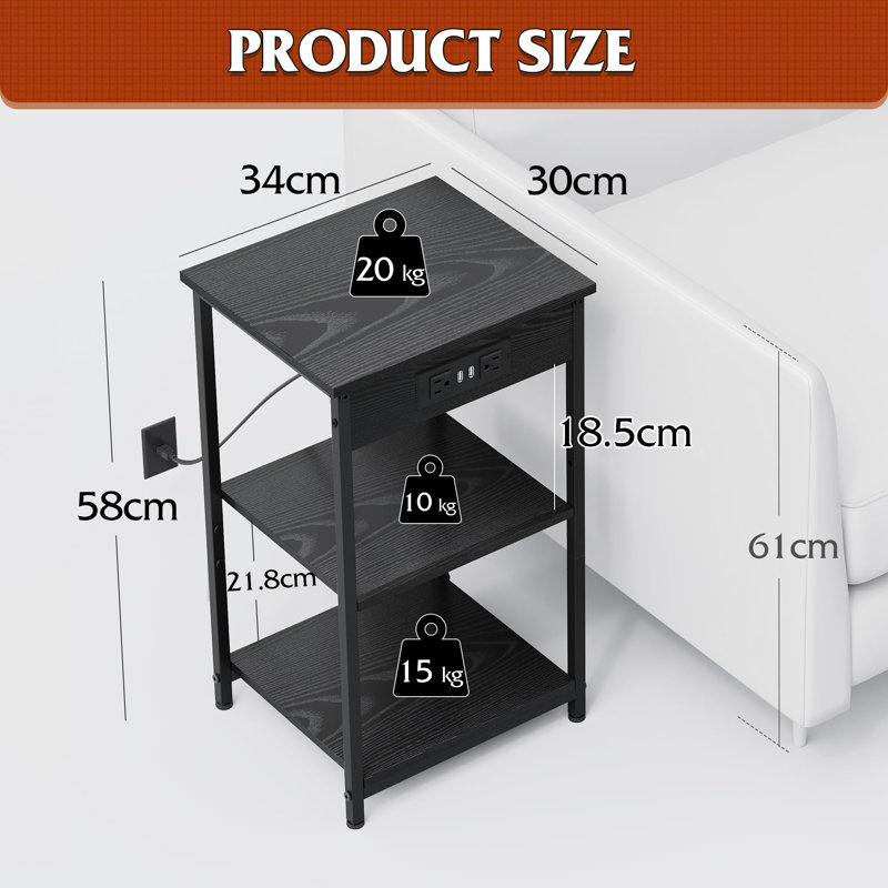 3-Tier Side Table with Storage, Black