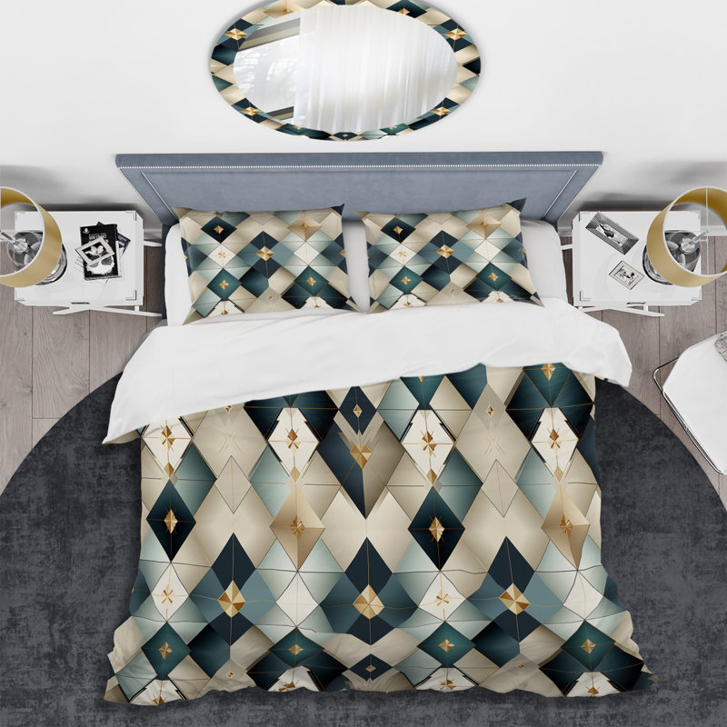 Natural Tones Grey And Beige Mosaic Geometric Shapes Duvet Cover, King Duvet Cover + 2 King Shams, Geometric Shapes 16