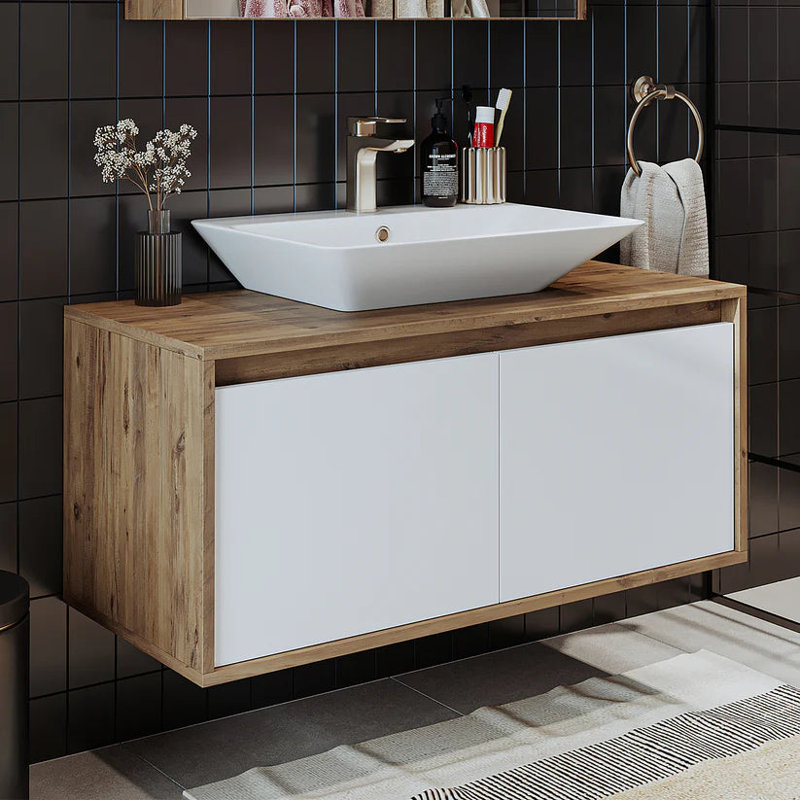 Ruarie Bathroom Vanity Unit with Ceramic Washbasin 100cm, Atlantic White/Oak